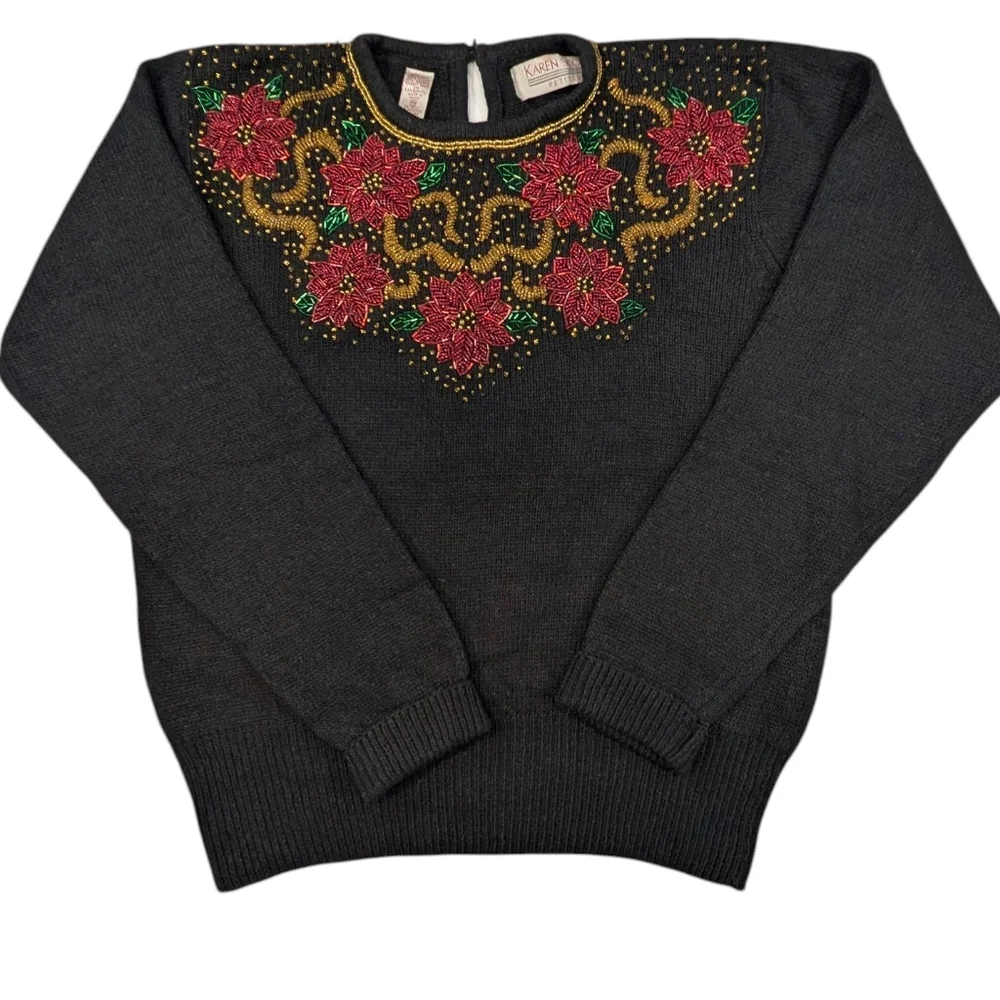 Vintage Karin Scott Petites beaded poinsettia Silk/Angora/Wool sweater. PMedium